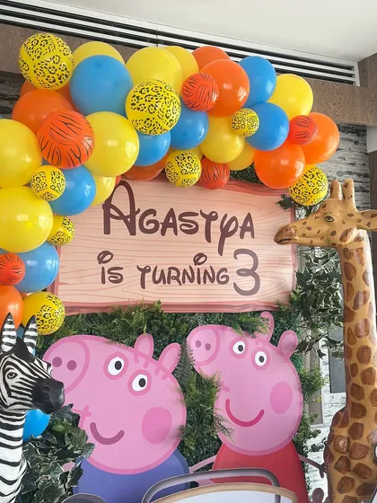 We love creating mashup themes for kids' parties. This 3rd birthday celebration brought together Peppa Pig, Mickey Mouse, and jungle animals for a fun-filled character party.