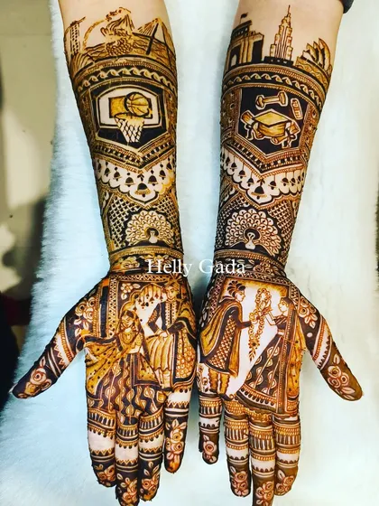 A customized bridal design that blends tradition with personal passions. It includes a varmala scene, a graduation cap, a basketball hoop, and city skylines, telling a truly unique story.