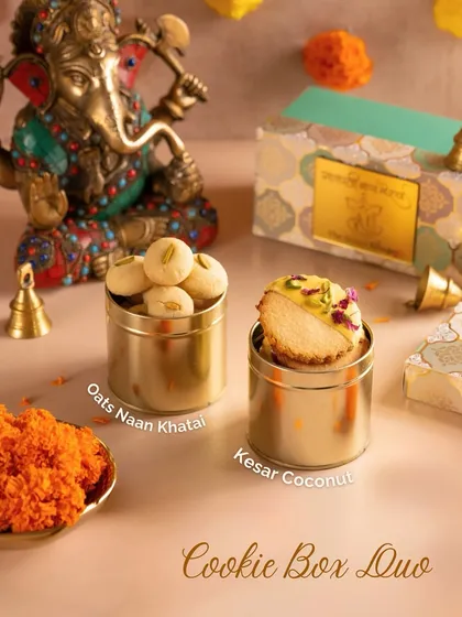 Our Ganpati special Cookie Box Duo, featuring Oats Nankhatai and Kesar Coconut cookies. They are the perfect guilt-free treat to enjoy with tea.