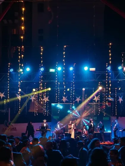 A view of our full 7-piece band on a professionally lit stage, performing for a packed house. We handle events of all sizes, ensuring the production quality is always top-notch.