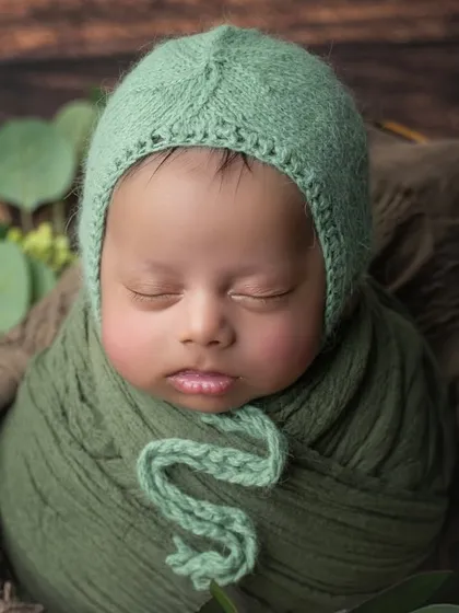 A macro portrait of a baby boy in a green bonnet. This tight shot allows you to see every perfect detail, from his eyelashes to his tiny lips.