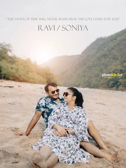 A relaxed and candid moment from a pre-wedding shoot on the sandy banks of the Ganga in Rishikesh. We aim to capture your natural chemistry in beautiful settings.