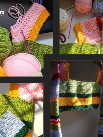 A work-in-progress collage of a colorful long-sleeved top. You can see how I piece together different colored panels to create the final design.
