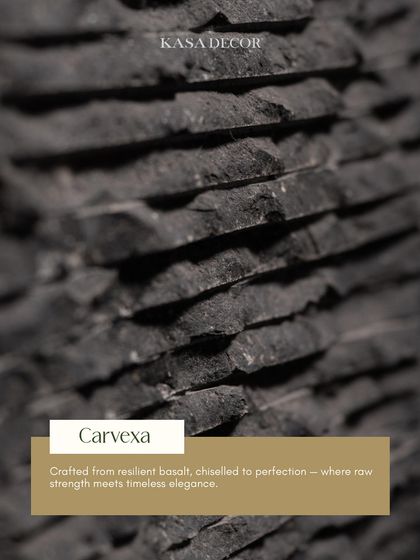 The 'Carvexa' texture, crafted from resilient basalt. This chiseled finish perfectly balances raw strength with timeless elegance, creating a powerful and sophisticated surface.