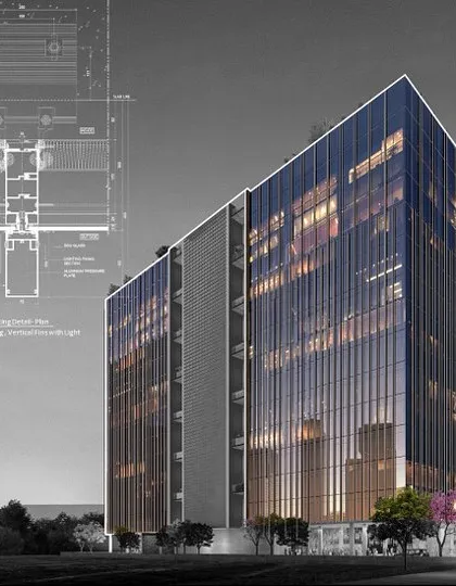 Another detail drawing superimposed on the render of our Mumbai commercial project. This image focuses on the vertical fin details, showing how these elements add texture and rhythm to the facade while providing solar shading.