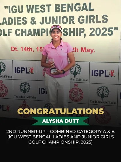 A graphic celebrating Alysha Dutt's 2nd Runner-Up finish in the Combined Category A & B at the IGU West Bengal Championship, highlighting her solid final round.