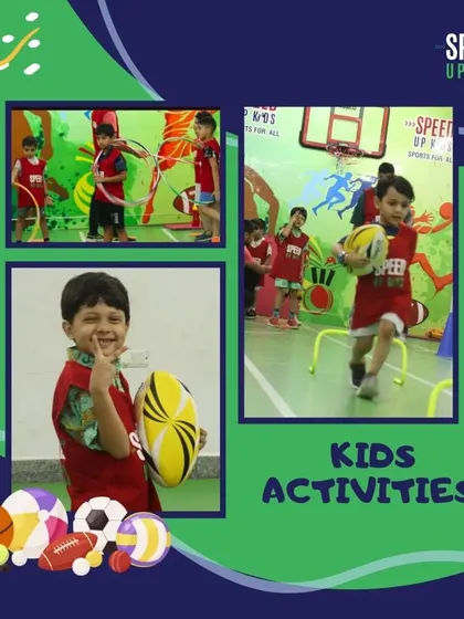 This collage showcases some of our favorite kids' activities. From running with a rugby ball to hula hoop fun, we make every moment active and enjoyable.