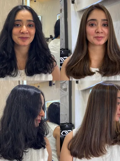 This before and after collage shows a stunning transformation to a sleek espresso brown. We took her from frizzy and undefined to smooth, straight, and polished with subtle highlights.