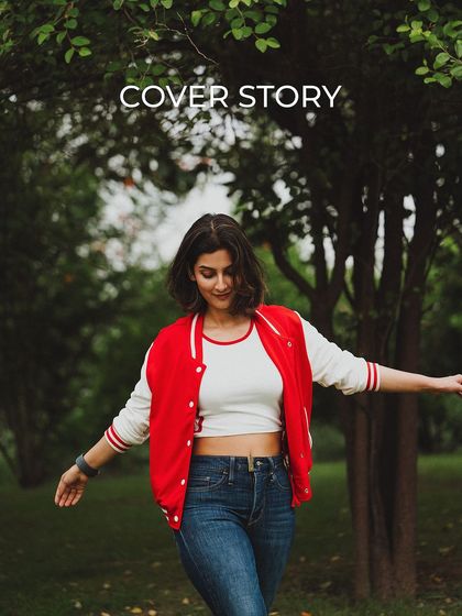This image, designed as a "Cover Story" concept, shows how we can create editorial-style content. The casual pose and outdoor setting give it a relaxed, magazine-like feel, perfect for a model's feature spread.