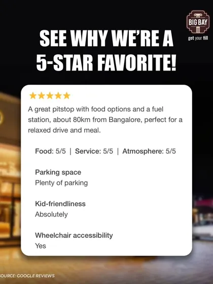 A traveler review commending us as a great pitstop with food, fuel, and plenty of parking. The review also notes our absolute kid-friendliness and wheelchair accessibility.