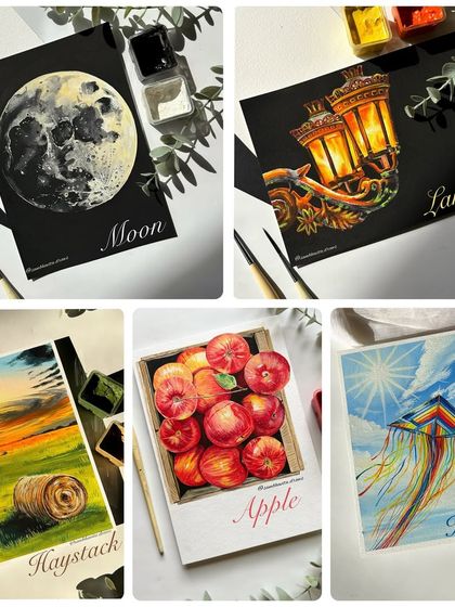 This is a collage of all my entries for an art contest. It shows a variety of subjects, from the moon and a lantern to apples and a kite, all painted using gouache.