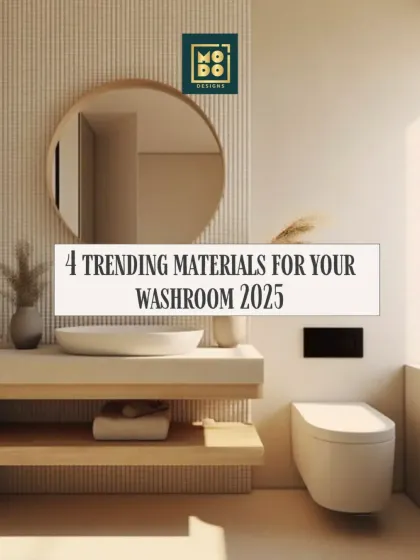 This image introduces our guide to 4 trending materials for your washroom in 2025, starting with a serene, minimalist design featuring a floating vanity and a large round mirror.