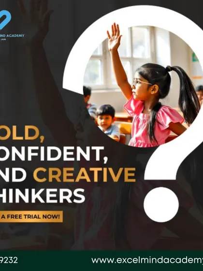 We nurture bold, confident, and creative thinkers. This image of a student raising her hand shows the active participation we encourage in our classes.