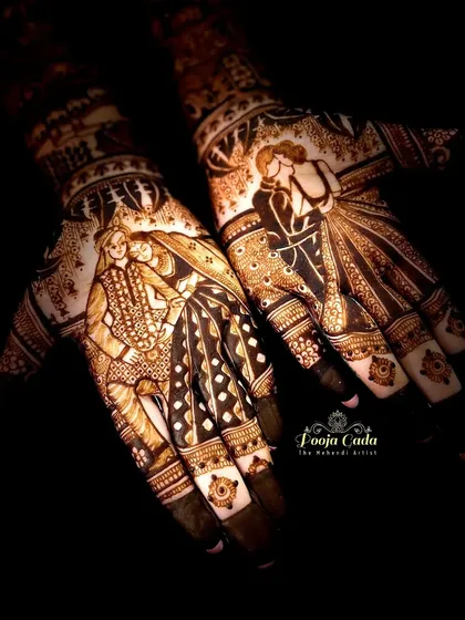 A striking design that blends traditional and modern, with a classic bride and groom portrait on one palm and a stylish Western couple portrait on the other.