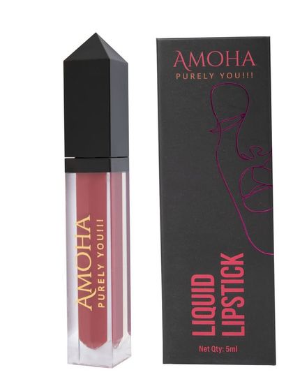 The 'Amoha' liquid lipstick shown next to its packaging on a white background.
