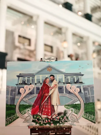 A truly royal assignment. We were invited to paint live at a wedding at the magnificent Falaknuma Palace in Hyderabad. This painting captures the couple against the palace's grand architecture, a memory fit for a king and queen.