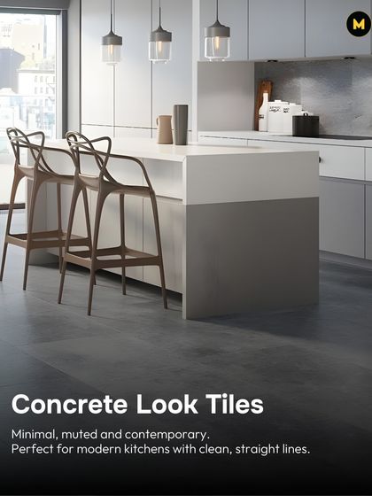 For a minimal, muted, and contemporary look, concrete-look tiles are a perfect choice. They work well in modern kitchens with clean, straight lines, providing a sleek and industrial-inspired foundation.