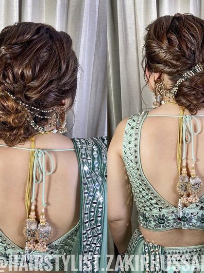 A dual-angle view of the soft, textured updo with a jeweled accessory, showing its versatility for different party outfits.