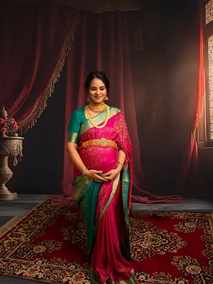 A portrait capturing the serene beauty of the mother-to-be, dressed in a magnificent silk saree. The vintage mirror and rich red curtains add depth and a sense of classic luxury to the scene.