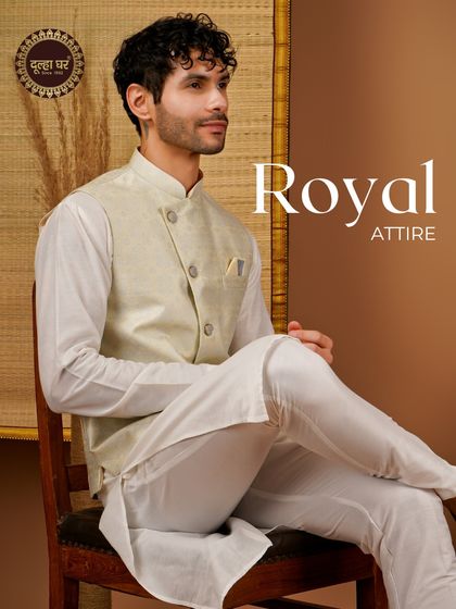 Royal attire. A model seated in a white kurta with a light green printed Nehru jacket, a fresh and modern combination.