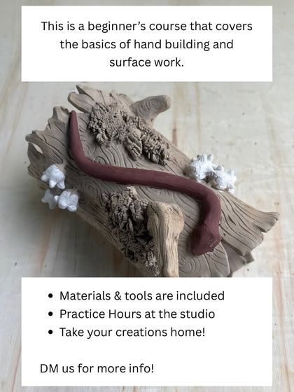 This is a beginner's course that covers the basics of hand-building and surface work. The image shows a piece of clay being coiled over a textured piece of wood, a technique we explore in class.