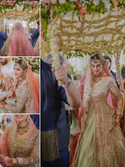 This collage captures the essence of a royal bridal entry. The bride walks gracefully under an intricate 'phoolon ki chadar' made of delicate jasmine flowers, a traditional and elegant start to her wedding ceremony.