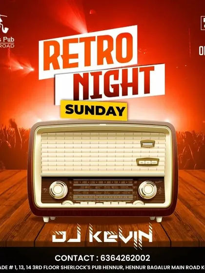 Another poster for our popular Sunday Retro Night. The vintage radio graphic perfectly captures the nostalgic, funky vibe of the evening.