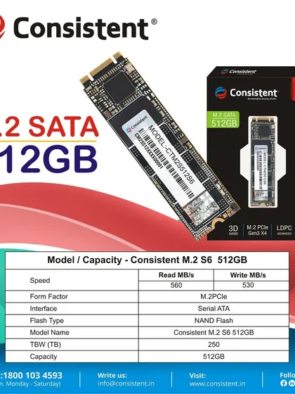 This spec sheet for our 512GB M.2 SATA SSD confirms its 560/530 MB/s read/write speeds and impressive 250 TBW endurance. It's a high-capacity, high-performance drive for demanding users.
