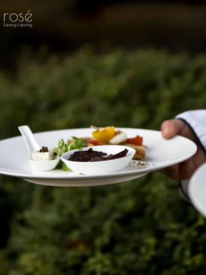 A perfectly plated appetizer held by a server, ready to be offered to a guest. This image captures our focus on individual serving and attention to detail, ensuring a high-end experience.
