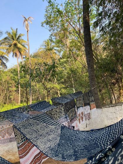 Our garden studio, with freshly printed textiles drying in the sun. We love hosting global textile enthusiasts to share our knowledge of block printing, natural dyes, and discharge printing techniques.