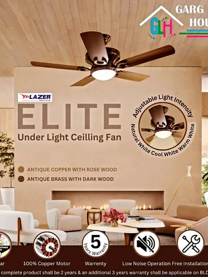 This is my Lazer Elite Under Light Ceiling Fan, a perfect blend of style and function. It features an antique copper finish with rosewood blades, a silent BLDC motor, and an integrated light with adjustable intensity to create the perfect ambiance.