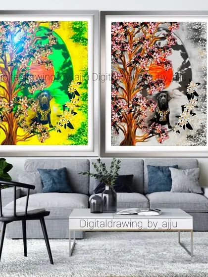 A side-by-side comparison of the original dog painting and a black and white version with selective color.