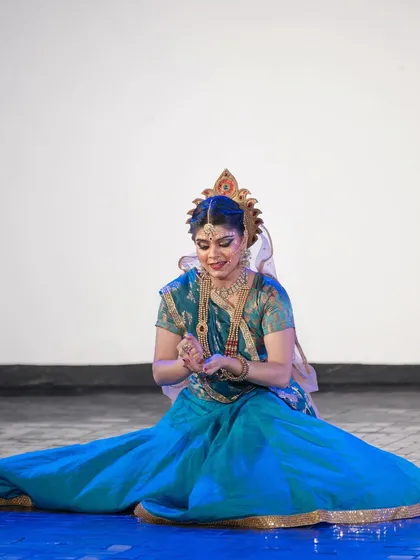 Portraying Radha Rani on stage for the first time was a moment of pure devotion. In this pose, I am trying to capture her divine love and longing, a central theme in many of my abhinaya or expressive performances. I felt truly blessed to wear my guru Saswati didi's costume for this role.