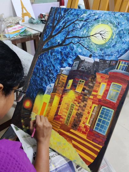 This extensive series follows a student's journey in creating a complex night-time city scene using a knife painting technique, from a blank canvas to a finished masterpiece.