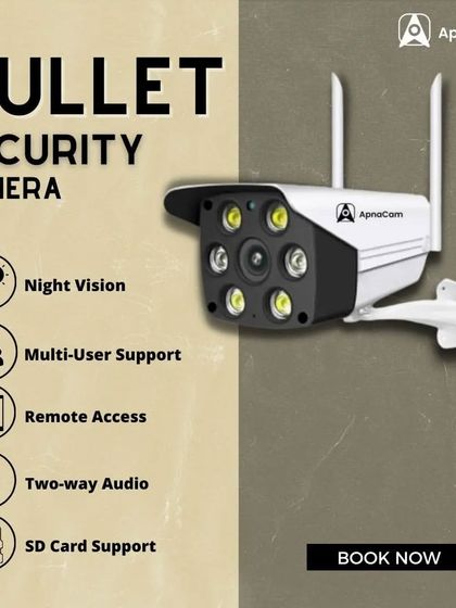 This is our bullet security camera, a great choice for protecting your loved ones. It features night vision, two-way audio, and SD card support.