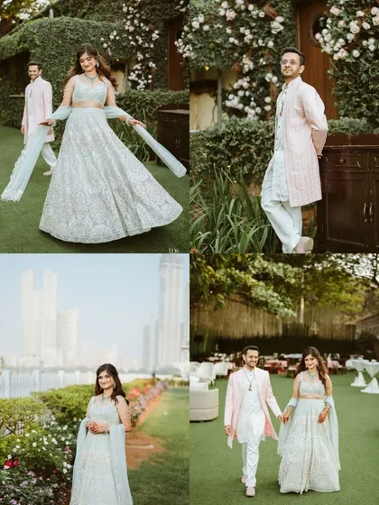 A collage showcasing various portraits of Avi and Devika from their celebration, including individual shots and moments of them walking together against the city backdrop.