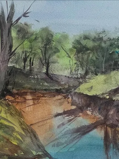 A landscape painting from a workshop with watercolor master Joe Dowden. It was a wonderful opportunity to learn from such a talented artist during the IWS watercolor festival.
