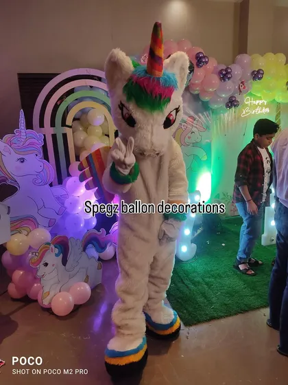 My magical unicorn mascot is ready for a party. This character is a favorite for fantasy and rainbow-themed birthdays, bringing a touch of enchantment and great photo moments for the kids.
