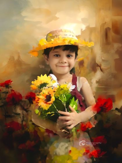 A unique, digitally painted portrait of a young girl holding sunflowers. This is a special editing service I offer to transform a photograph into a timeless piece of art.