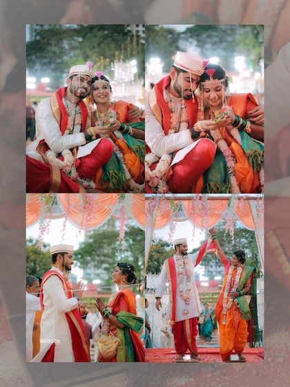 This collage captures the essence of a Maharashtrian wedding journey, from the rituals to the triumphant moments as a newly married couple.