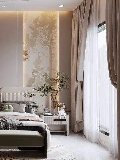 A master bedroom with a serene, nature-inspired theme. The render highlights the backlit wallpaper behind the bed, creating a soft, ethereal glow.