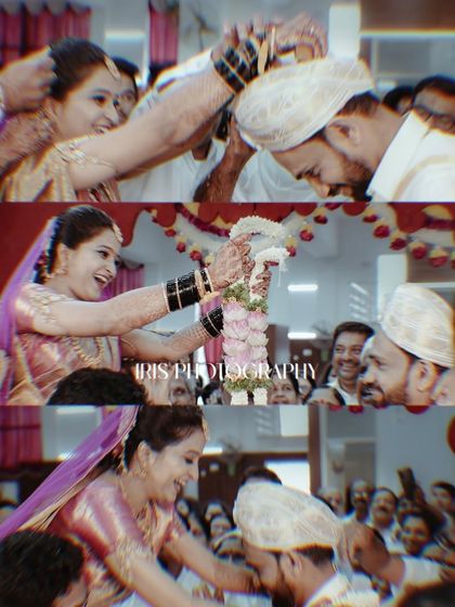 This collage shows the dynamic garland exchange, a moment filled with laughter and friendly competition. It highlights the fun and energy of the wedding ceremony.