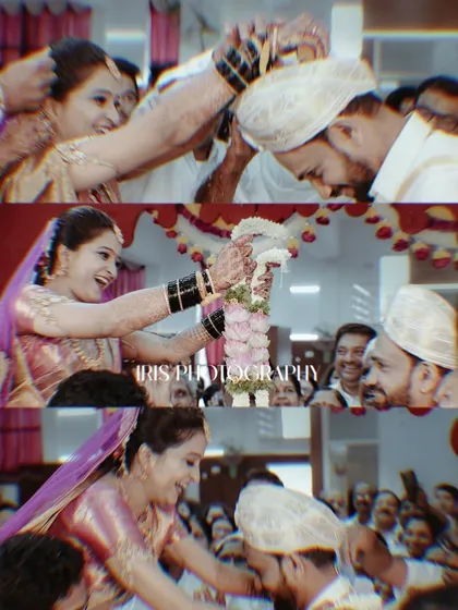 A collage of happy moments from a wedding ceremony. It shows the fun of the varmala exchange and the blessings from family, capturing the dynamic energy of the event.