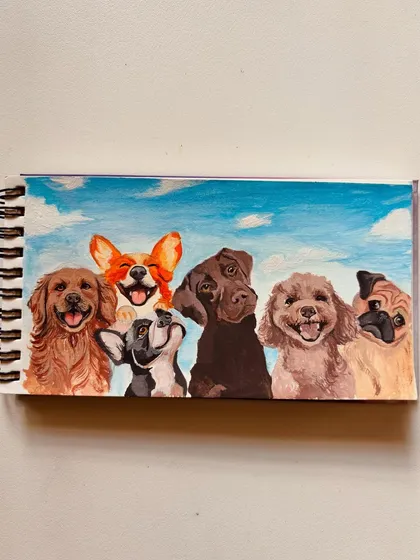 Just look at these happy faces! This group pet portrait was so much fun to create, capturing the unique personality of each furry friend. I use a mix of acrylic and gouache to make their expressions pop, creating a joyful piece for any dog lover.