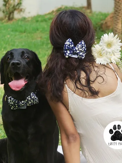 Twinning is winning, especially with a happy pup by your side. Here we are showing off the Bubble Blossom set, with a dapper bowtie for him and a matching bow hair clip for me. It’s perfect for park dates and photoshoots.