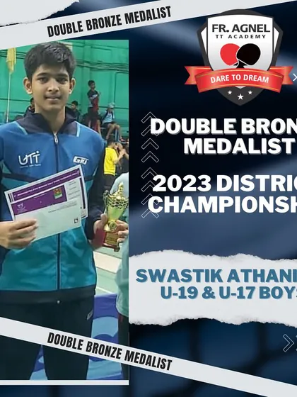 A graphic celebrating Swastik Athaniker as a double bronze medalist in the U-19 & U-17 Boys events at the 2023 District Championship.