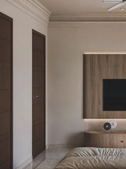 A parent's bedroom with a calm, serene aesthetic. The render focuses on the clean lines of the TV unit and the texture of the wood.