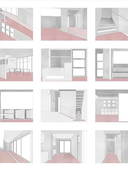A duplicate of the previous image, this collection of conceptual sketches for our studio shows our exploration of form, light, and material in the initial design phase.