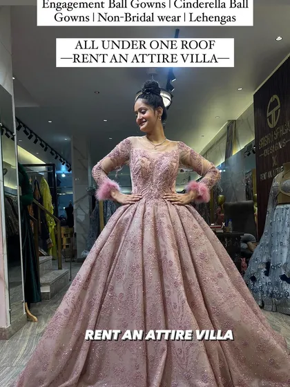All your dream outfits under one roof. This image showcases our dusty pink ball gown with a text overlay reminding clients that we offer a wide range of styles, from engagement gowns to non-bridal lehengas.