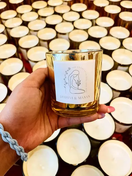 This metallic jar candle was part of a large baby shower order. We can create custom illustrations and text for the labels to match any theme.